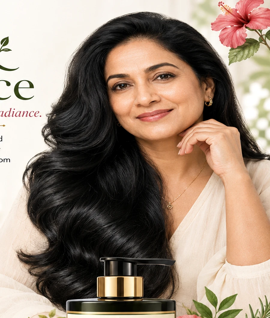 Woman in her forties with long, lush, glossy black hair