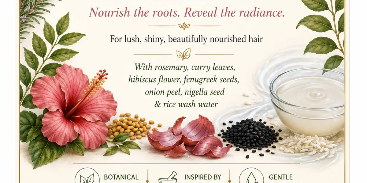 Hibiscus, fenugreek, onion peel, nigella seeds and rice water arranged as botanical ingredients
