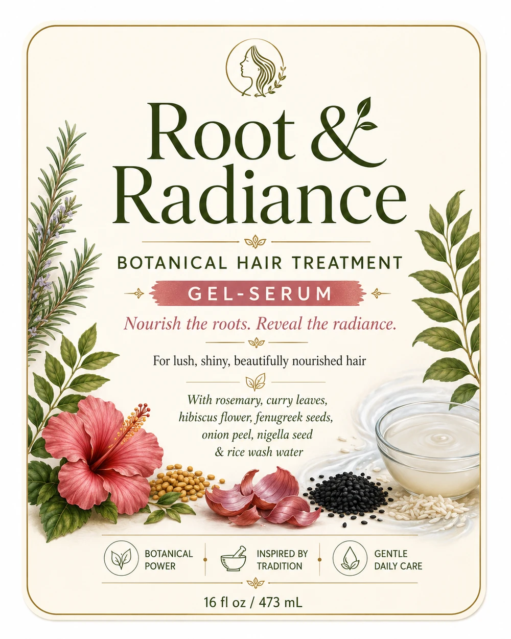 Root and Radiance botanical hair treatment gel-serum label, 16 fluid ounces